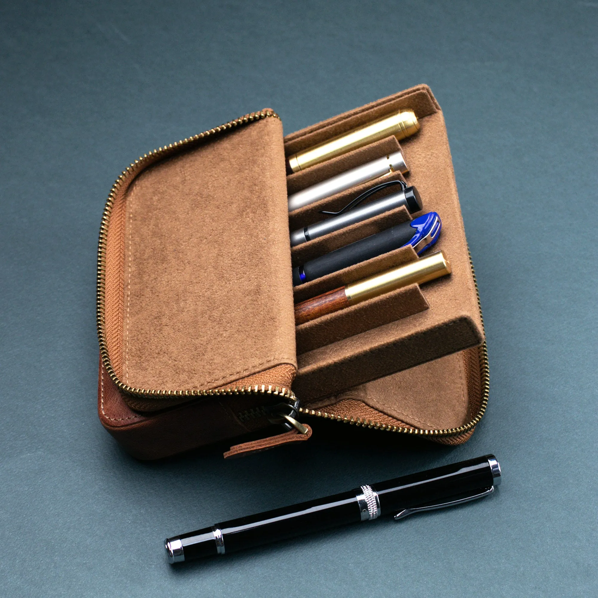 Leather 6-Slot Zippered Pen Case 