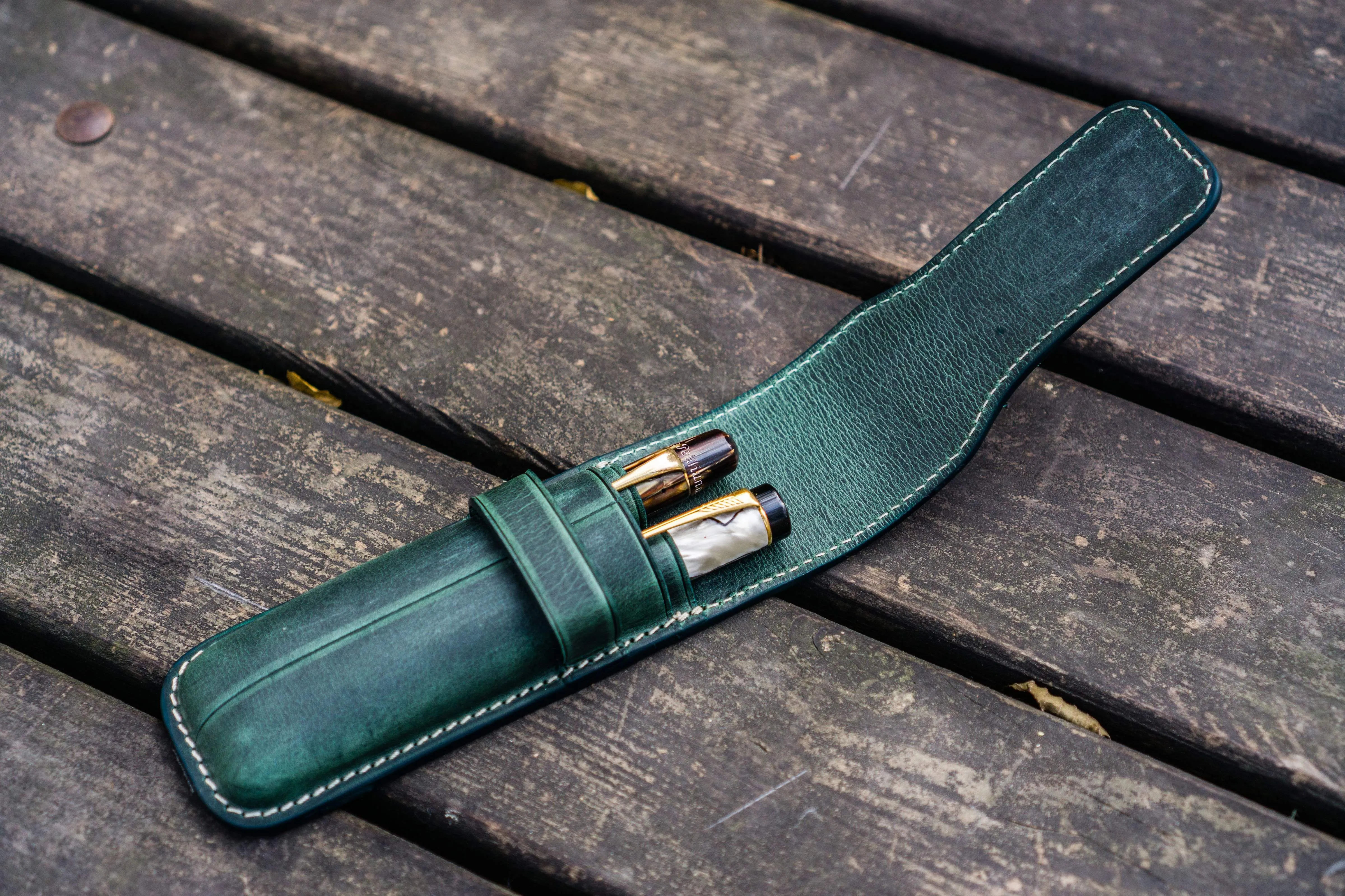 Leather Flap Pen Case for Two Pens - Crazy Horse Forest Green