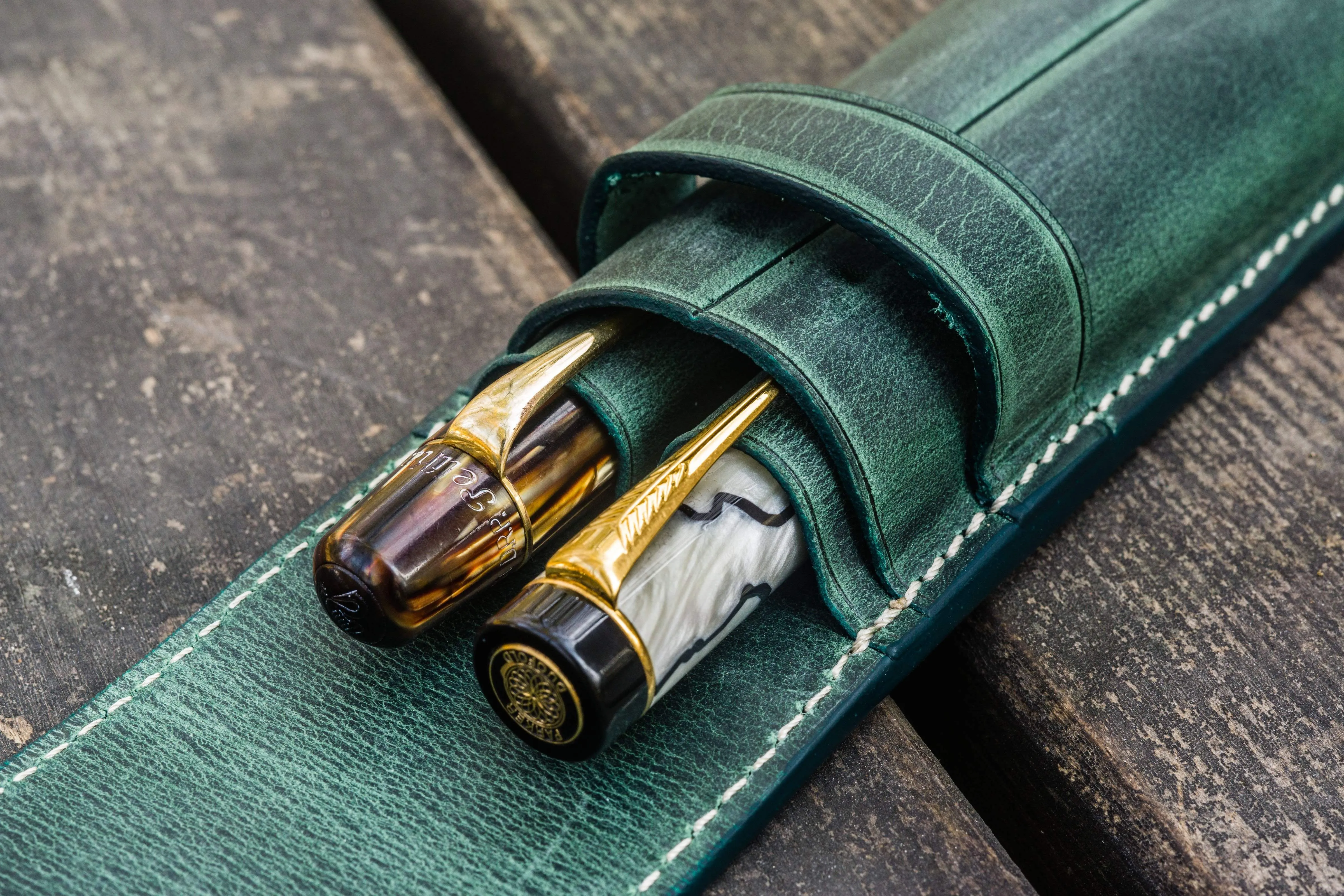 Leather Flap Pen Case for Two Pens - Crazy Horse Forest Green