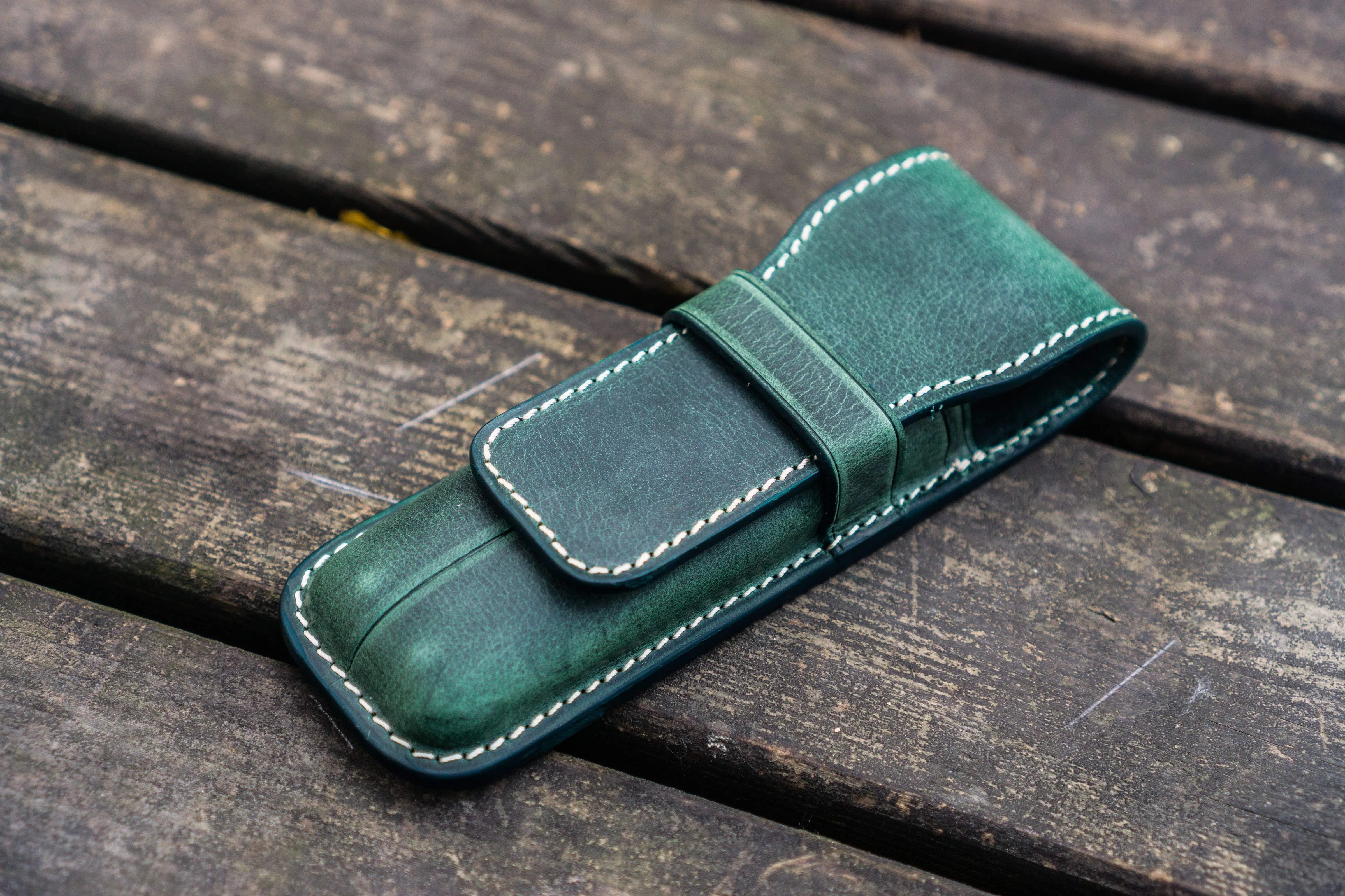 Leather Flap Pen Case for Two Pens - Crazy Horse Forest Green