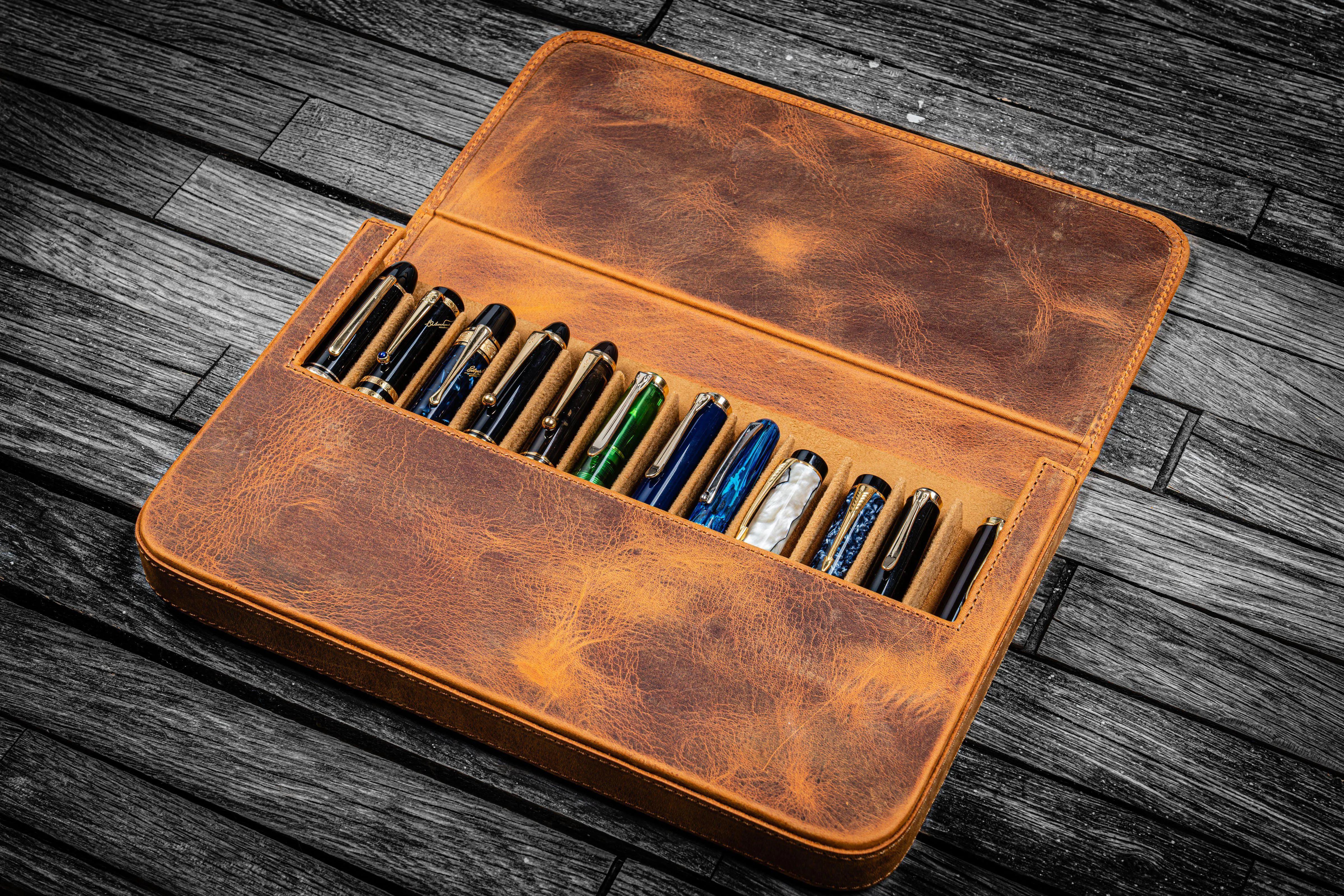 Leather Magnum Opus 12 Slots Hard Pen Case with Removable Pen Tray - Crazy Horse Brown