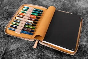 Leather Zippered 10 Slots Pen Case with A5 Notebook Holder - Undyed Leather