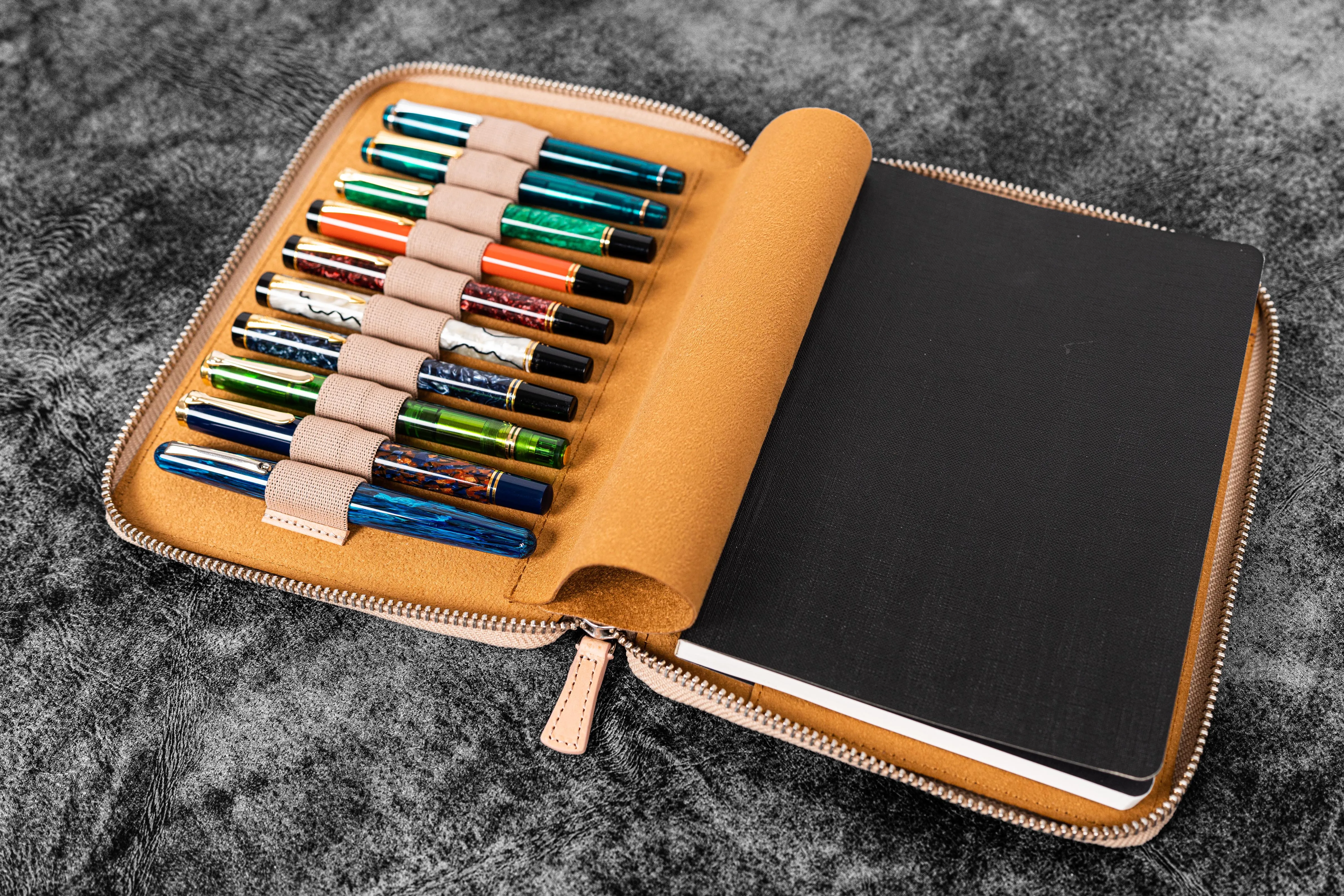 Leather Zippered 10 Slots Pen Case with A5 Notebook Holder - Undyed Leather