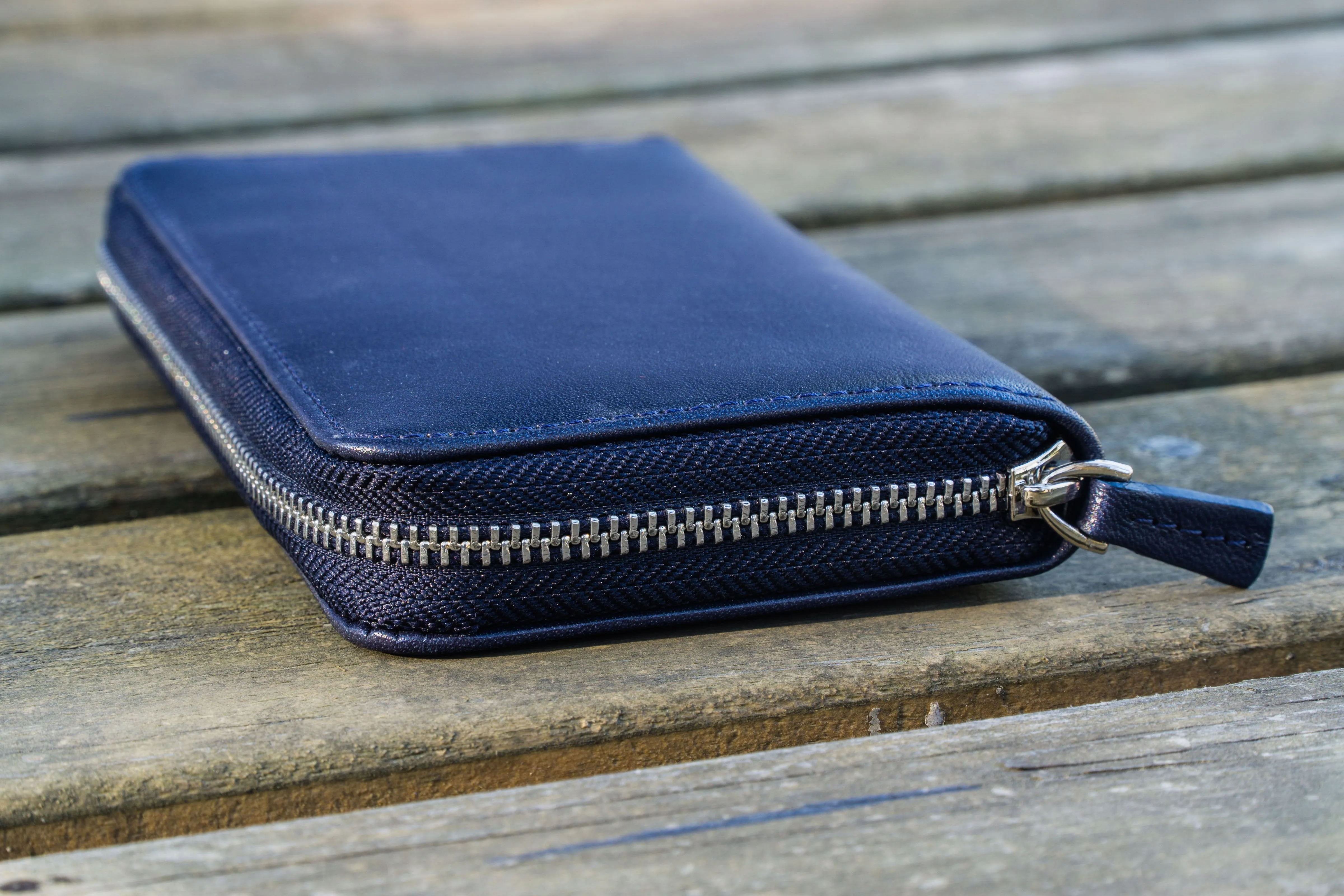 Leather Zippered 3 Slots Pen Case - Navy Blue