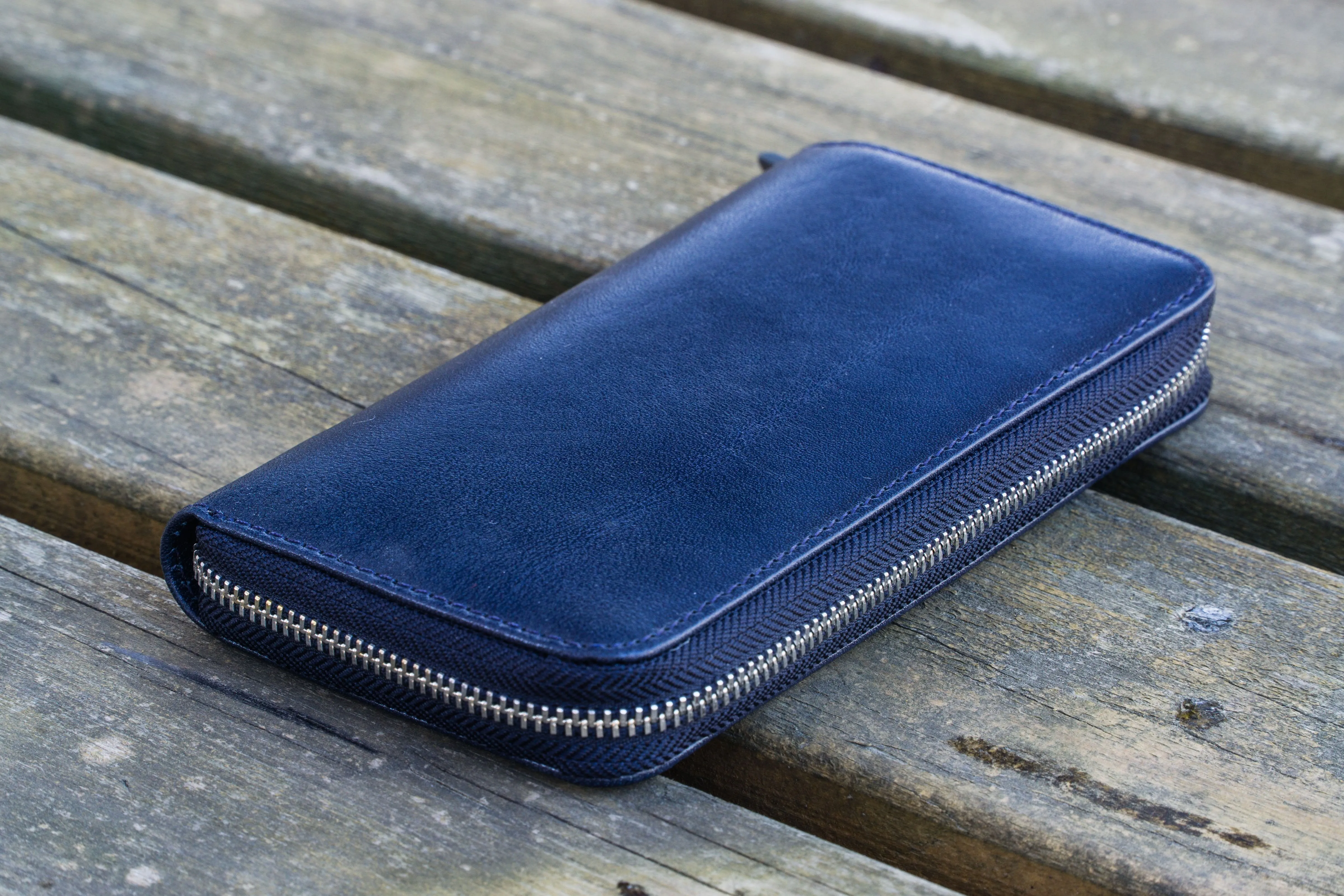 Leather Zippered 3 Slots Pen Case - Navy Blue