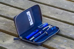 Leather Zippered 3 Slots Pen Case - Navy Blue