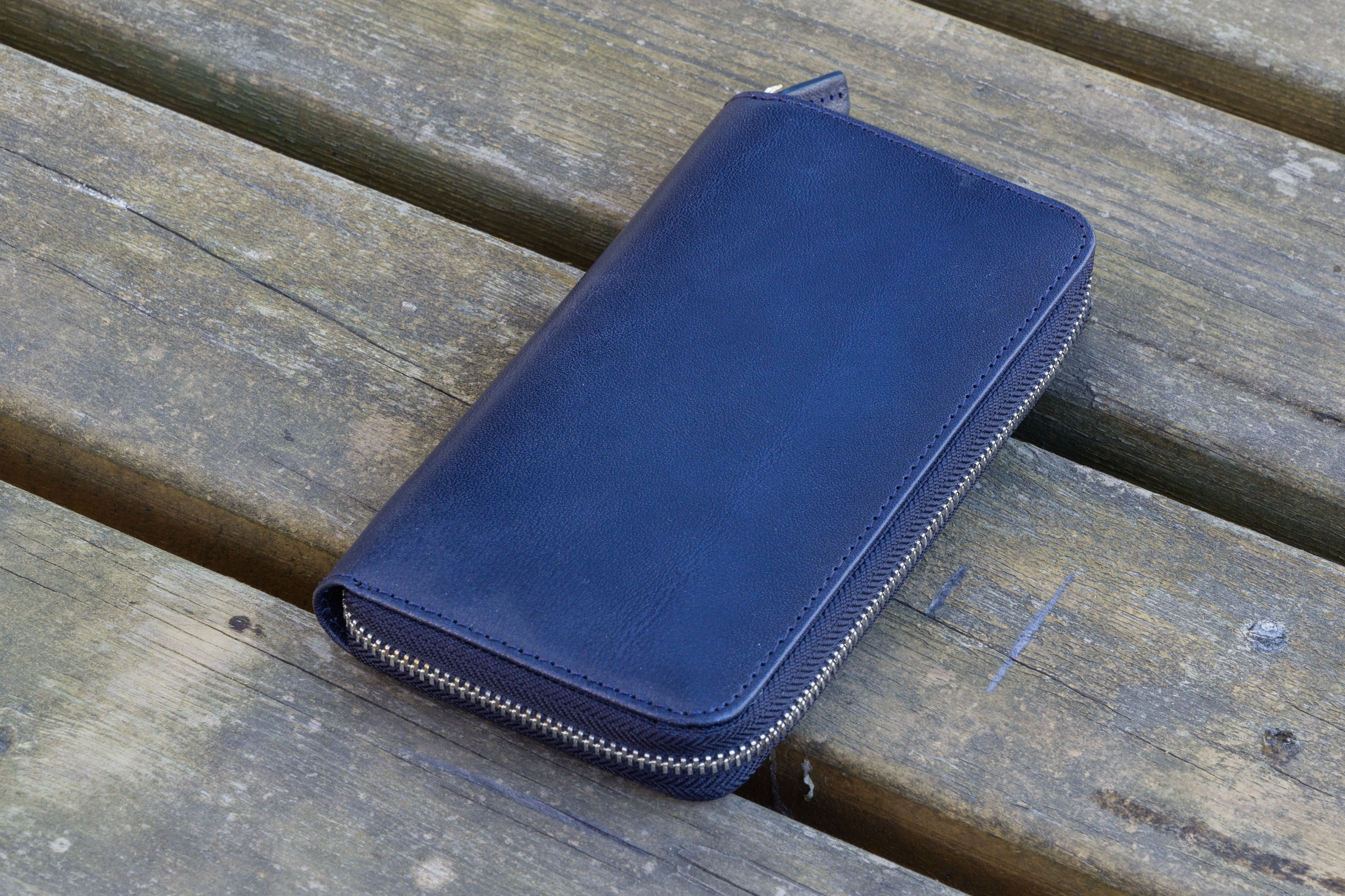 Leather Zippered 3 Slots Pen Case - Navy Blue