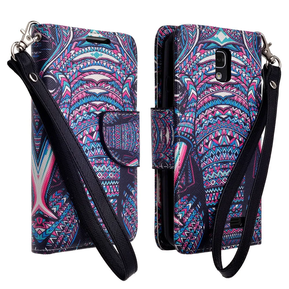 LG F70 Case, Wrist Strap Magnetic Flip Fold[Kickstand] Pu Leather Wallet Case with ID & Card Slots - Tribal Elephant