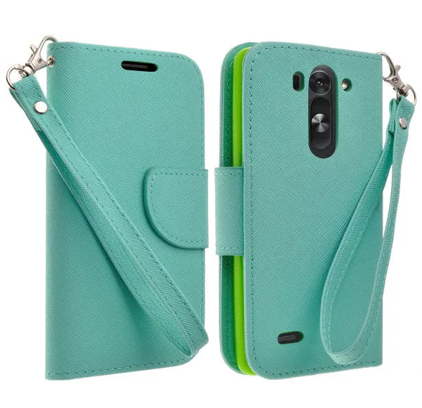 LG G3 s | LG G3 mini | LG G3 Beat | LG G3 Vigor | LG D725 | LG D722 Case, Wrist Strap Flip Folio [Kickstand Feature] Pu Leather Wallet Case with ID & Credit Card Slots - Teal