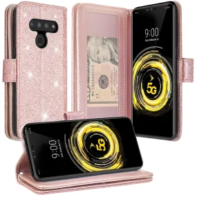 LG G8 ThinQ Case, LM-G820 Case, Glitter Faux Leather Flip Credit Card Holder Wrist Strap Shockproof Protective Wallet Case Clutch for LG G8 ThinQ - Rose Gold