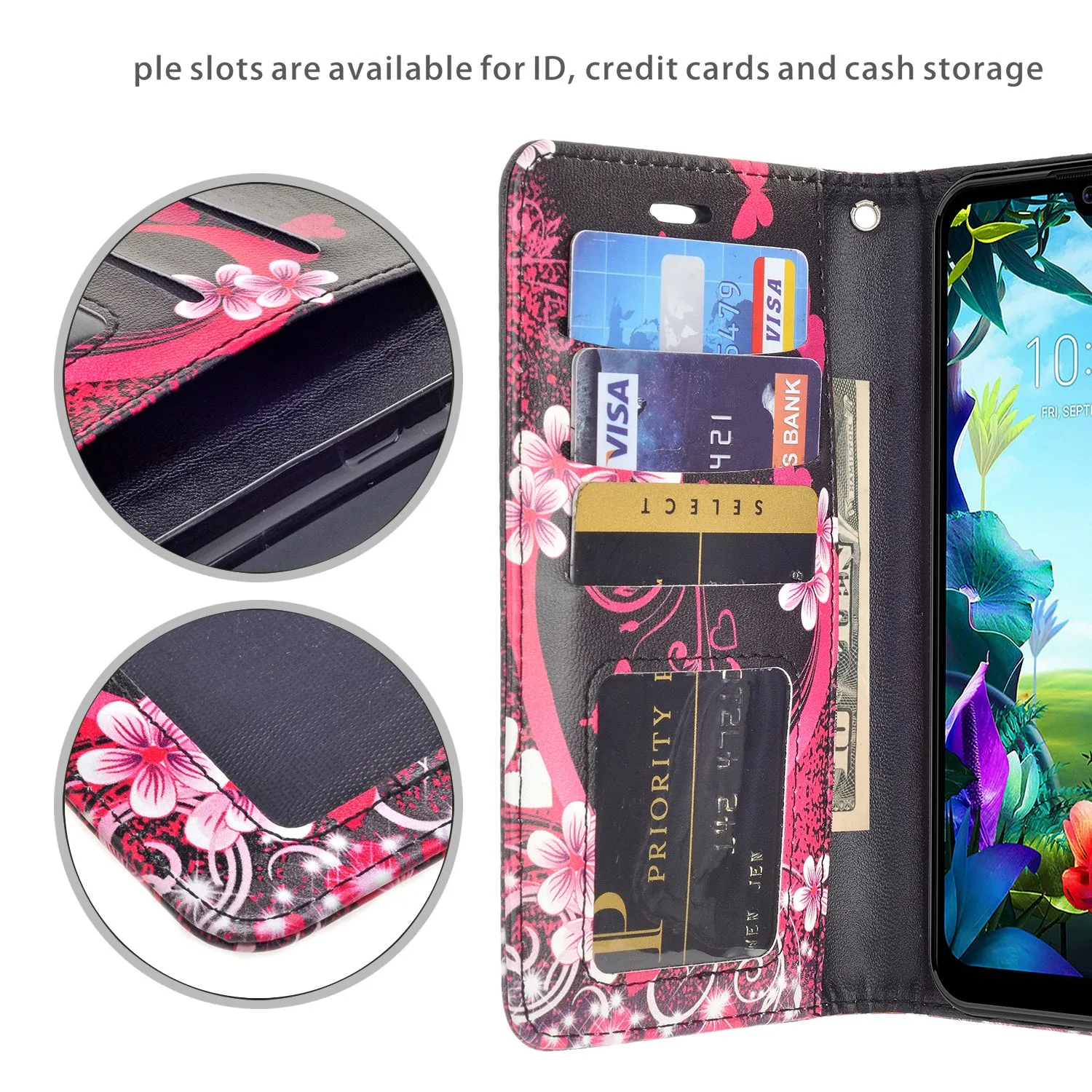 LG Harmony 4 Case, LG K40S Wallet Case, Wrist Strap Pu Leather Wallet Case [Kickstand] with ID & Credit Card Slots - Heart Butterflies