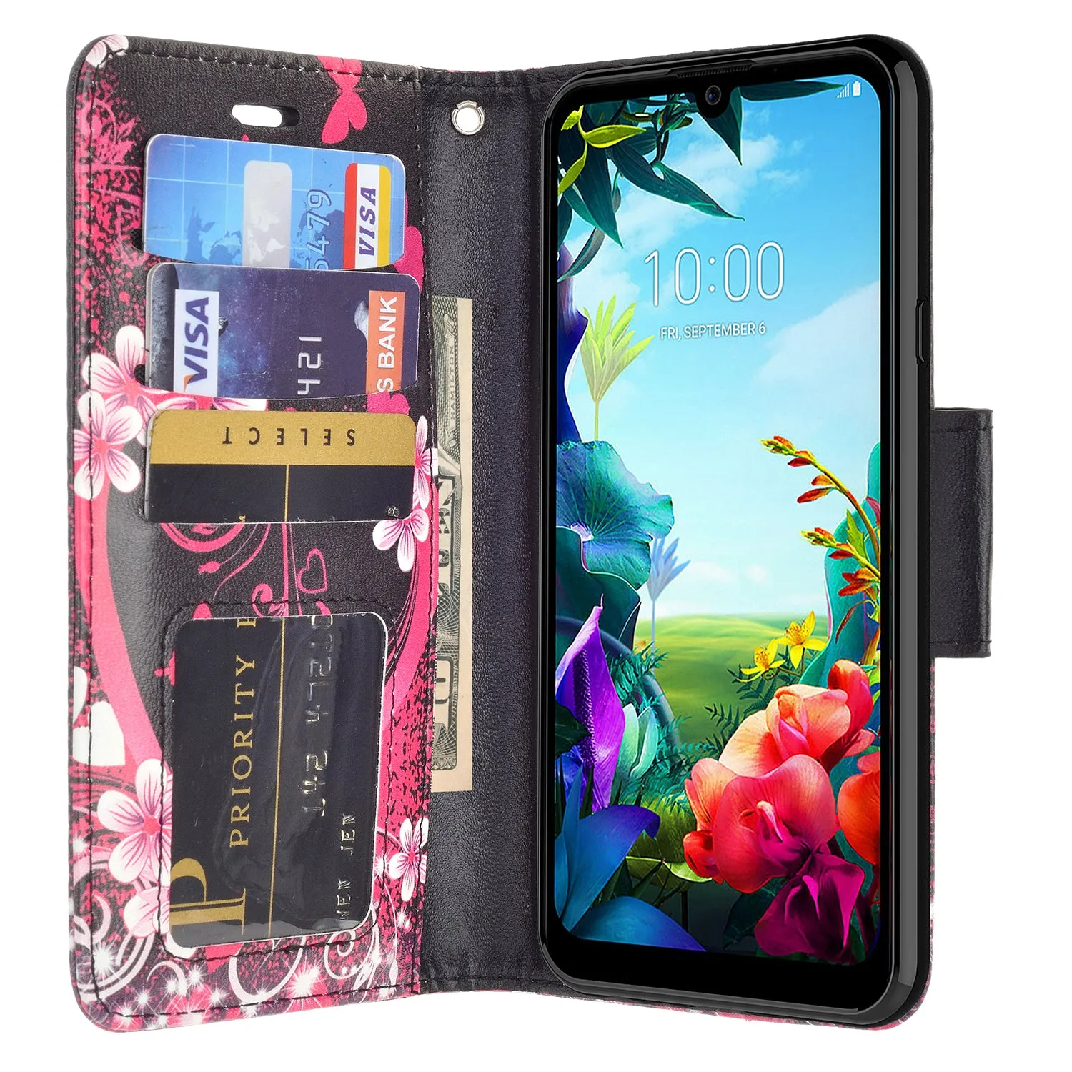 LG Harmony 4 Case, LG K40S Wallet Case, Wrist Strap Pu Leather Wallet Case [Kickstand] with ID & Credit Card Slots - Heart Butterflies