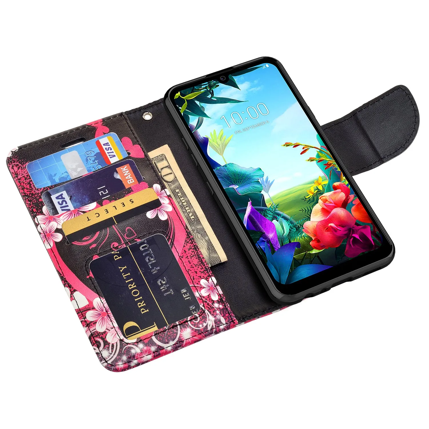 LG Harmony 4 Case, LG K40S Wallet Case, Wrist Strap Pu Leather Wallet Case [Kickstand] with ID & Credit Card Slots - Heart Butterflies