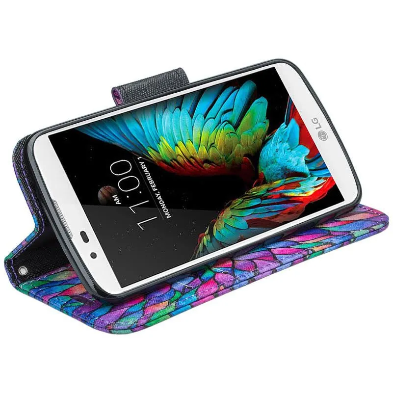 LG K10 / LG Premier LTE Case, Wrist Strap Magnetic Fold[Kickstand] Pu Leather Wallet Case with ID & Credit Card Slots - Rainbow Flower