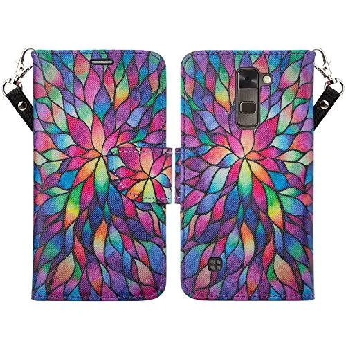 LG K10 / LG Premier LTE Case, Wrist Strap Magnetic Fold[Kickstand] Pu Leather Wallet Case with ID & Credit Card Slots - Rainbow Flower