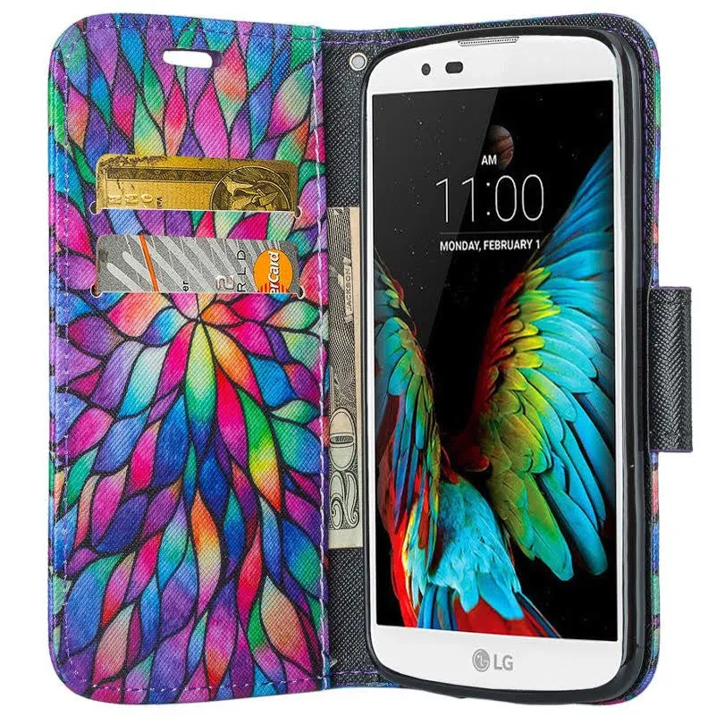 LG K10 / LG Premier LTE Case, Wrist Strap Magnetic Fold[Kickstand] Pu Leather Wallet Case with ID & Credit Card Slots - Rainbow Flower