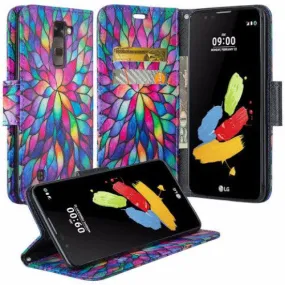 LG K10 / LG Premier LTE Case, Wrist Strap Magnetic Fold[Kickstand] Pu Leather Wallet Case with ID & Credit Card Slots - Rainbow Flower