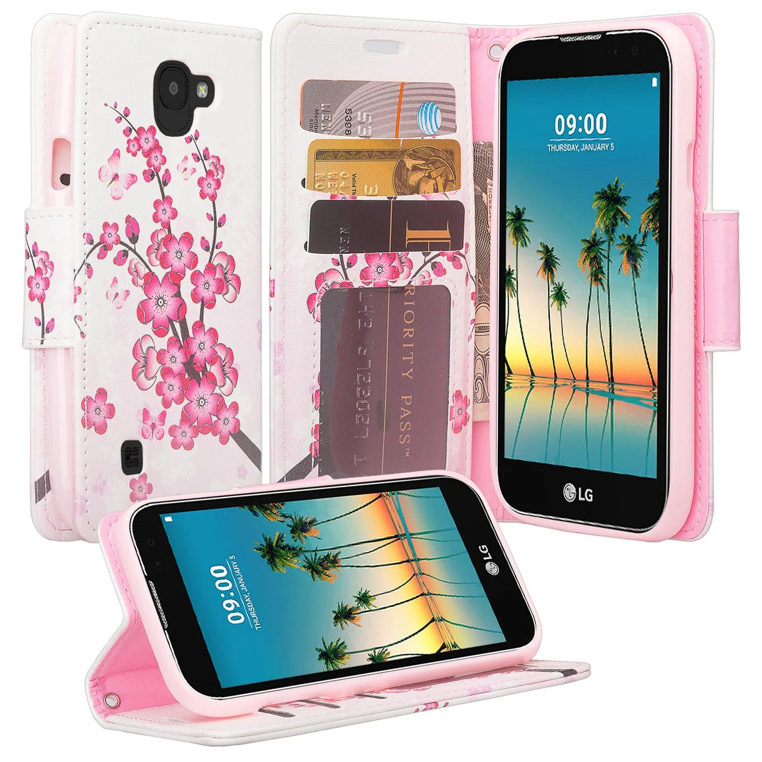 LG K3 (2017) Wallet Case, Wrist Strap Pu Leather Magnetic Flip Fold[Kickstand] with ID & Card Slots for LG K3 (2017)- Cherry Blossom