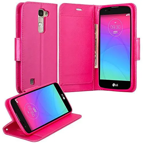 LG Leon LTE Case | Lg Tribute 2 Case | LG Power | LG Sunset | LG Destiny | LG Risio Case, Wrist Strap Flip Folio [Kickstand Feature] Pu Leather Wallet Case with ID & Credit Card Slots - Hot Pink