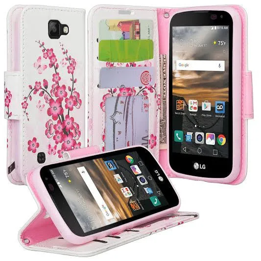 LG Optimus Zone 3 Cases | LG K4 Cases | LG Spree Cases | LG Rebel Cases, Wrist Strap Magnetic Flip Folio [Kickstand Feature] Pu Leather Wallet Case with ID & Credit Card Slot - Cherry Blossom