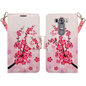 LG V10 Case, Wrist Strap Magnetic Fold[Kickstand] Pu Leather Wallet Case with ID & Credit Card Slots for LG V10 - Cherry Blossom