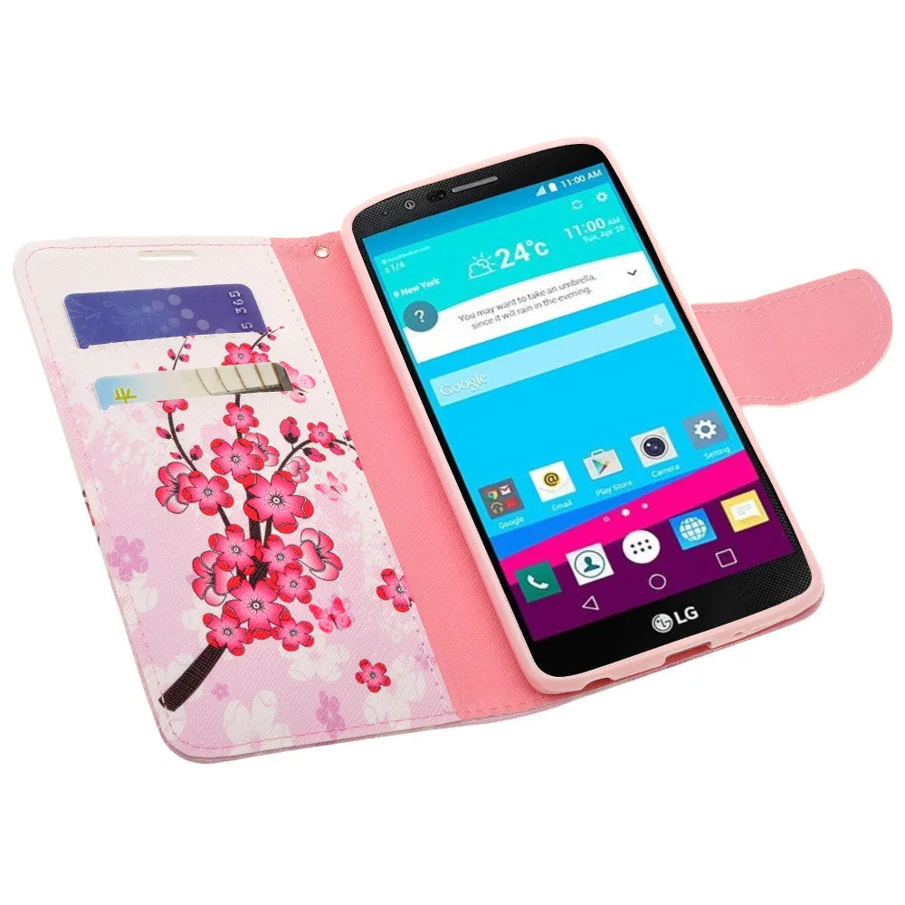 LG V10 Case, Wrist Strap Magnetic Fold[Kickstand] Pu Leather Wallet Case with ID & Credit Card Slots for LG V10 - Cherry Blossom