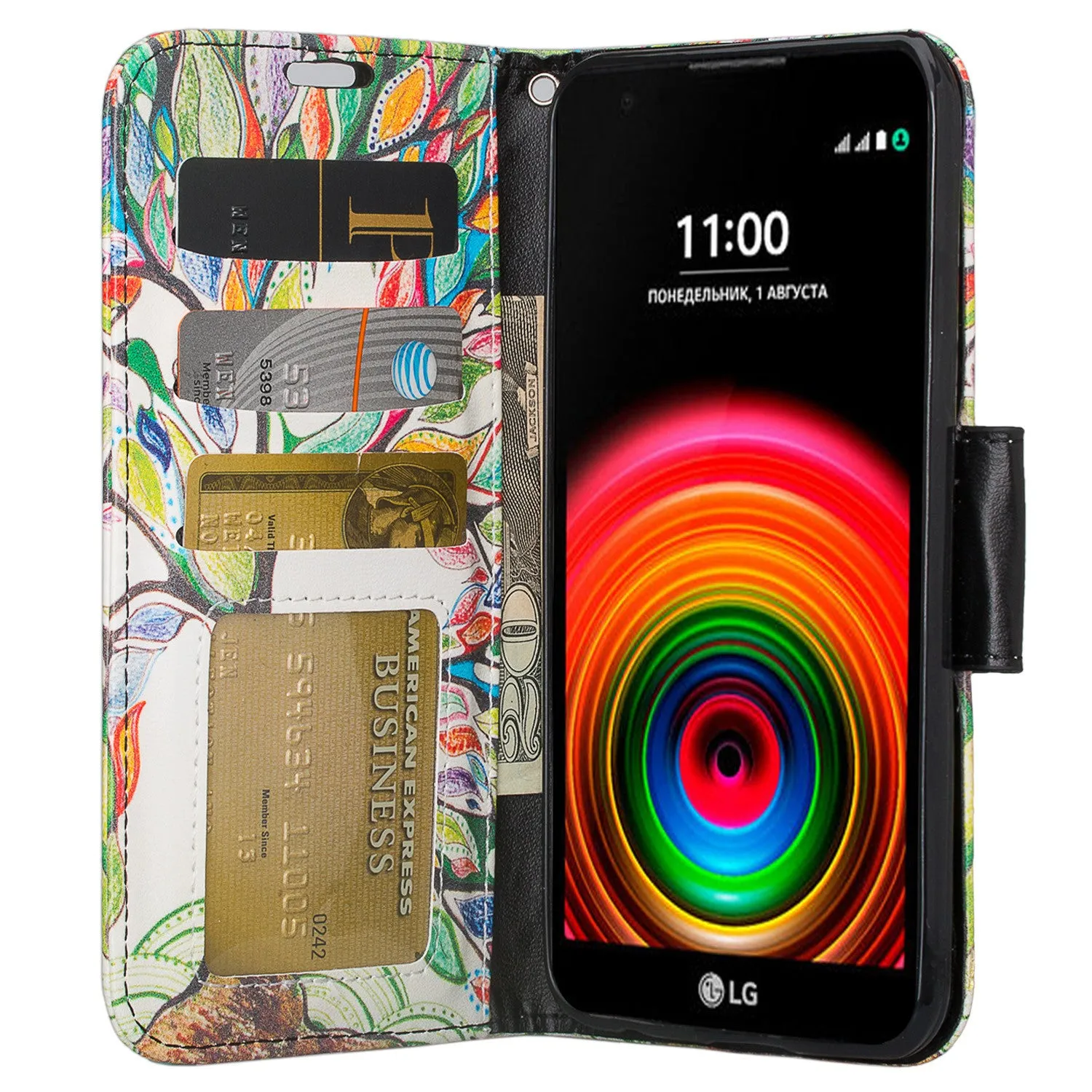 LG X Power Case, Wrist Strap Magnetic Fold[Kickstand] Pu Leather Wallet Case with ID & Credit Card Slots for LG X Power - Colorful Tree