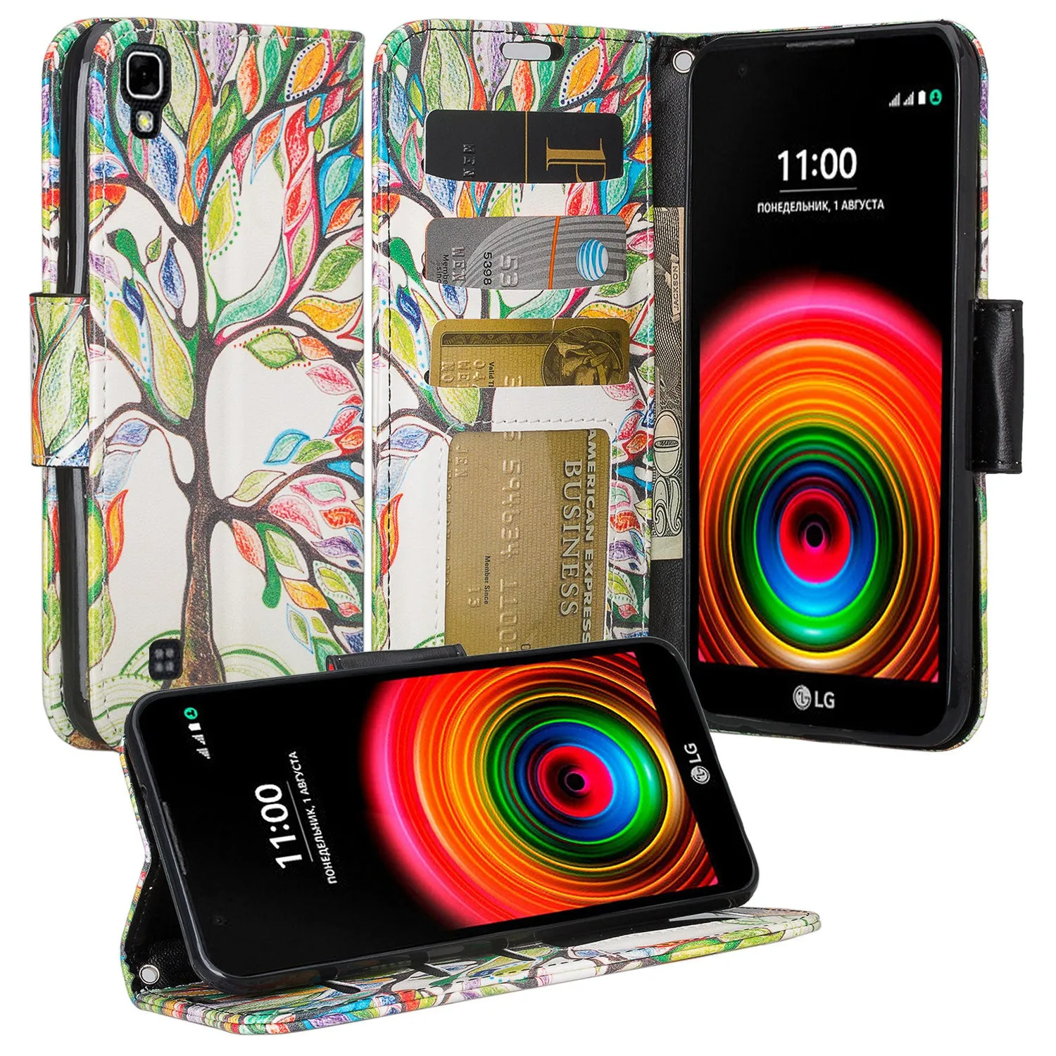 LG X Power Case, Wrist Strap Magnetic Fold[Kickstand] Pu Leather Wallet Case with ID & Credit Card Slots for LG X Power - Colorful Tree