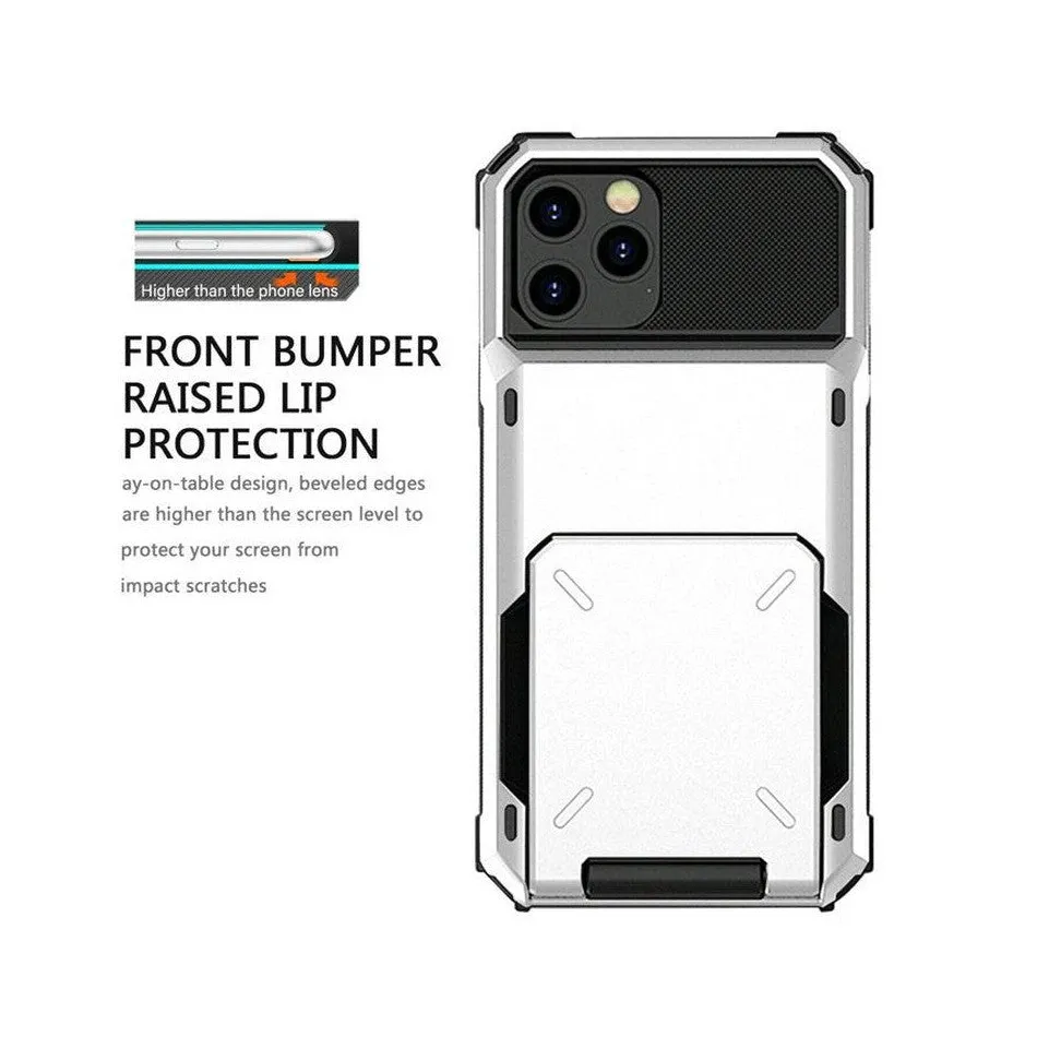 Luxurious Hard Rugged Case w/- Card Slots for iPhone 13 Pro Max - White