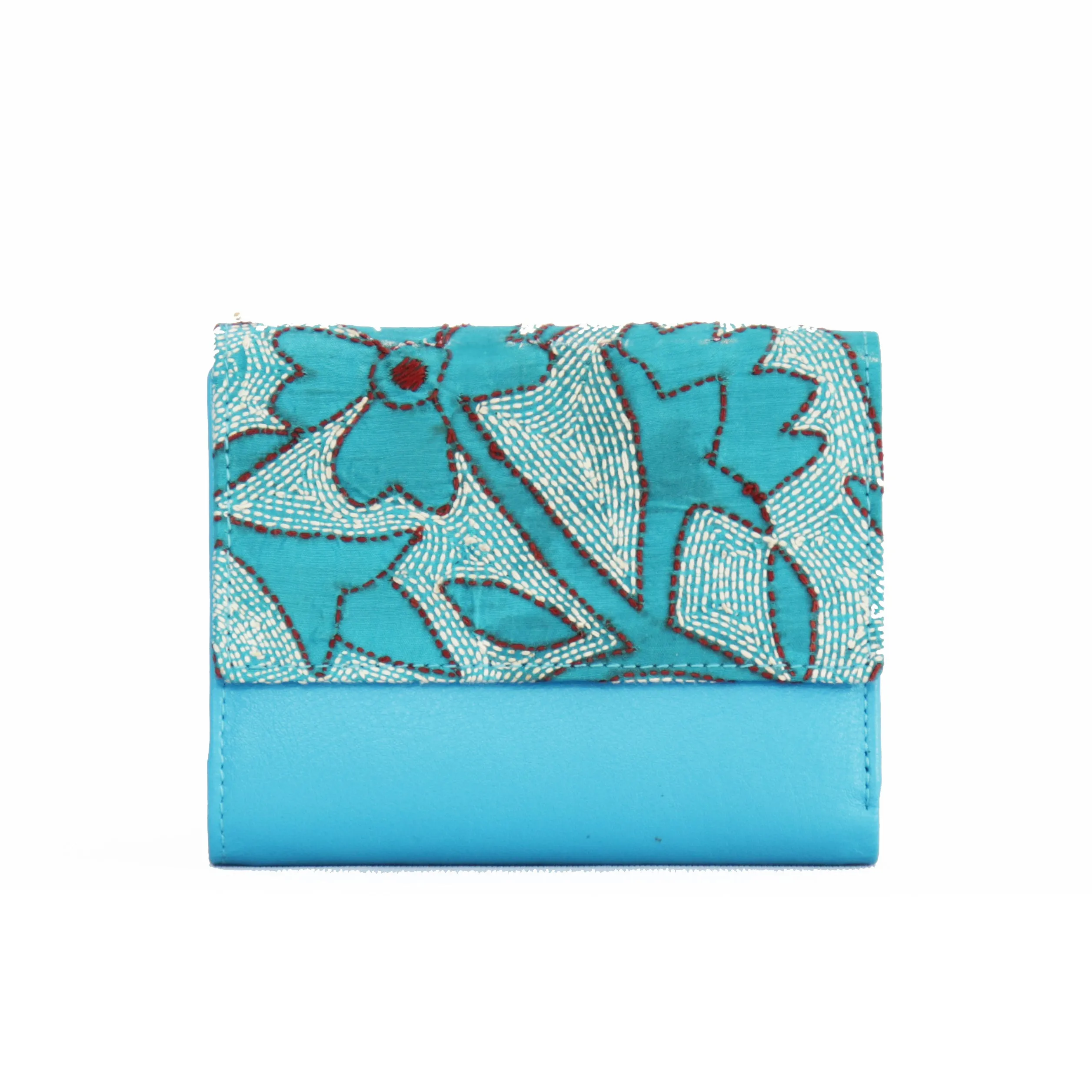 Maheejaa Leather-Kantha Handcrafted Women's Flap Wallet - Vibrant Blue