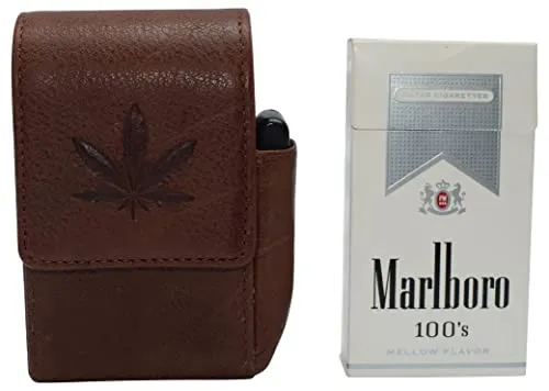 Marijuana Leaf Genuine Leather Cigarette Box Anti-Scratch Protective Storage Case with Lighter Holder