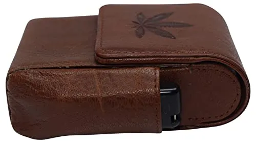 Marijuana Leaf Genuine Leather Cigarette Box Anti-Scratch Protective Storage Case with Lighter Holder