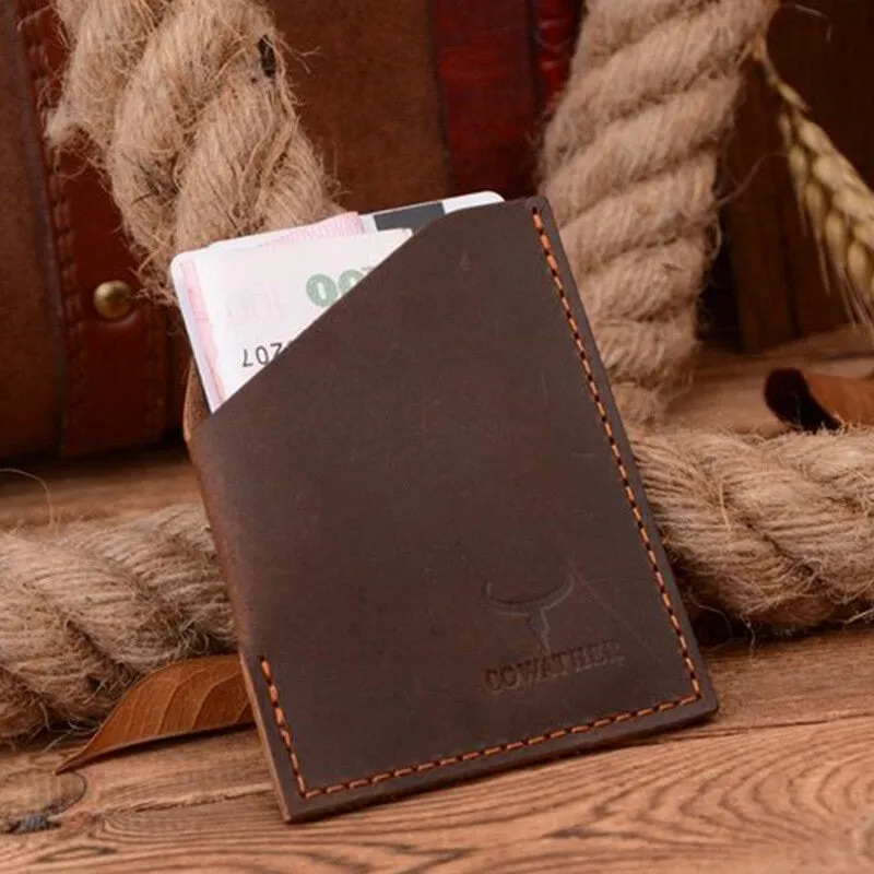 Men Genuine Leather Wallets Retro Open Short Card Holder Money Clip Cowhide Wallets