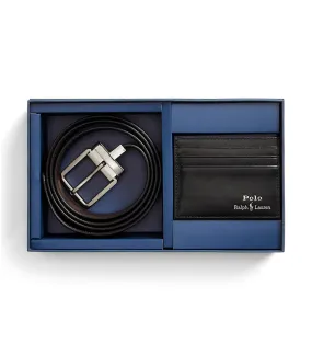 Men's Leather Belt & Card Case Gift Set Black