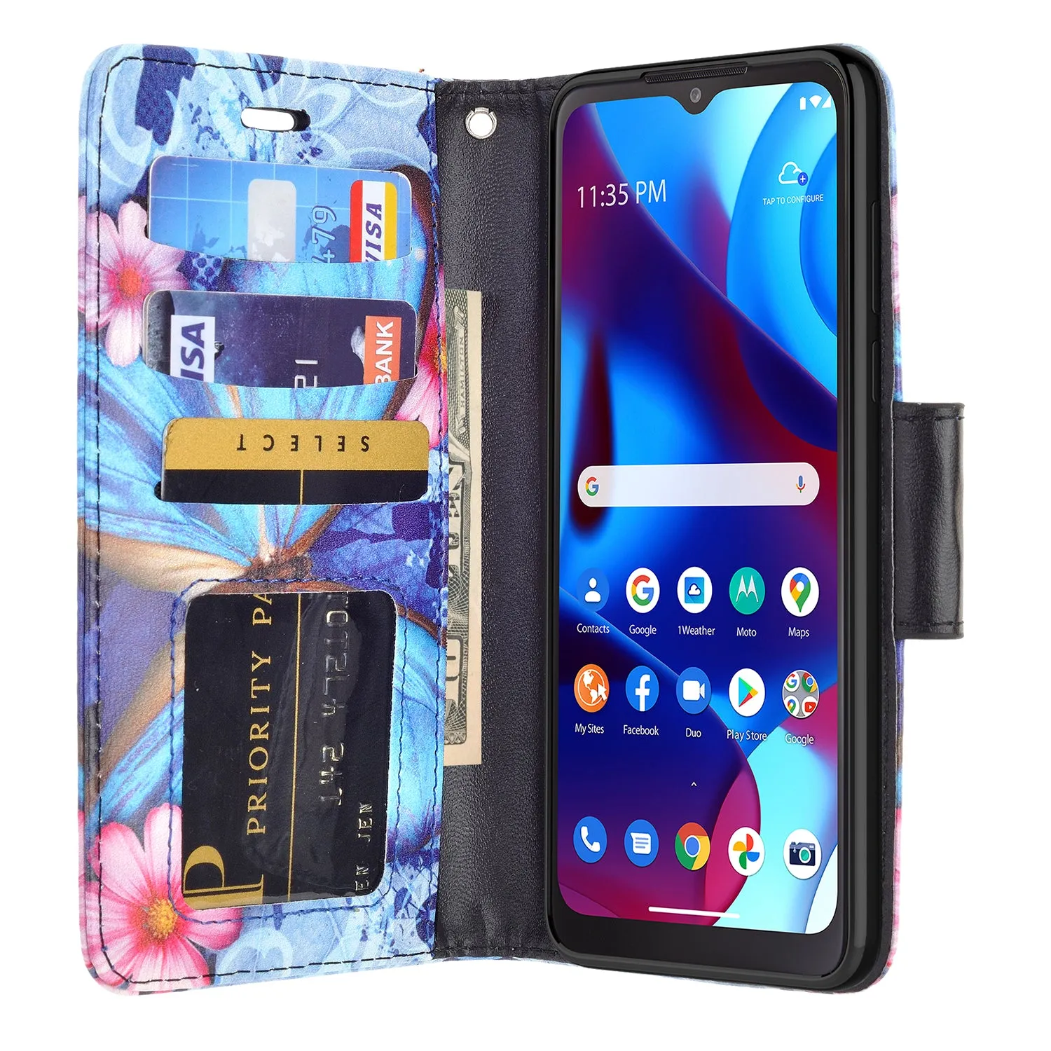 Motorola moto g Pure Case, moto g Pure Wallet Case, Wrist Strap Pu Leather Wallet Case [Kickstand] with ID & Credit Card Slots - Blue Butterfly