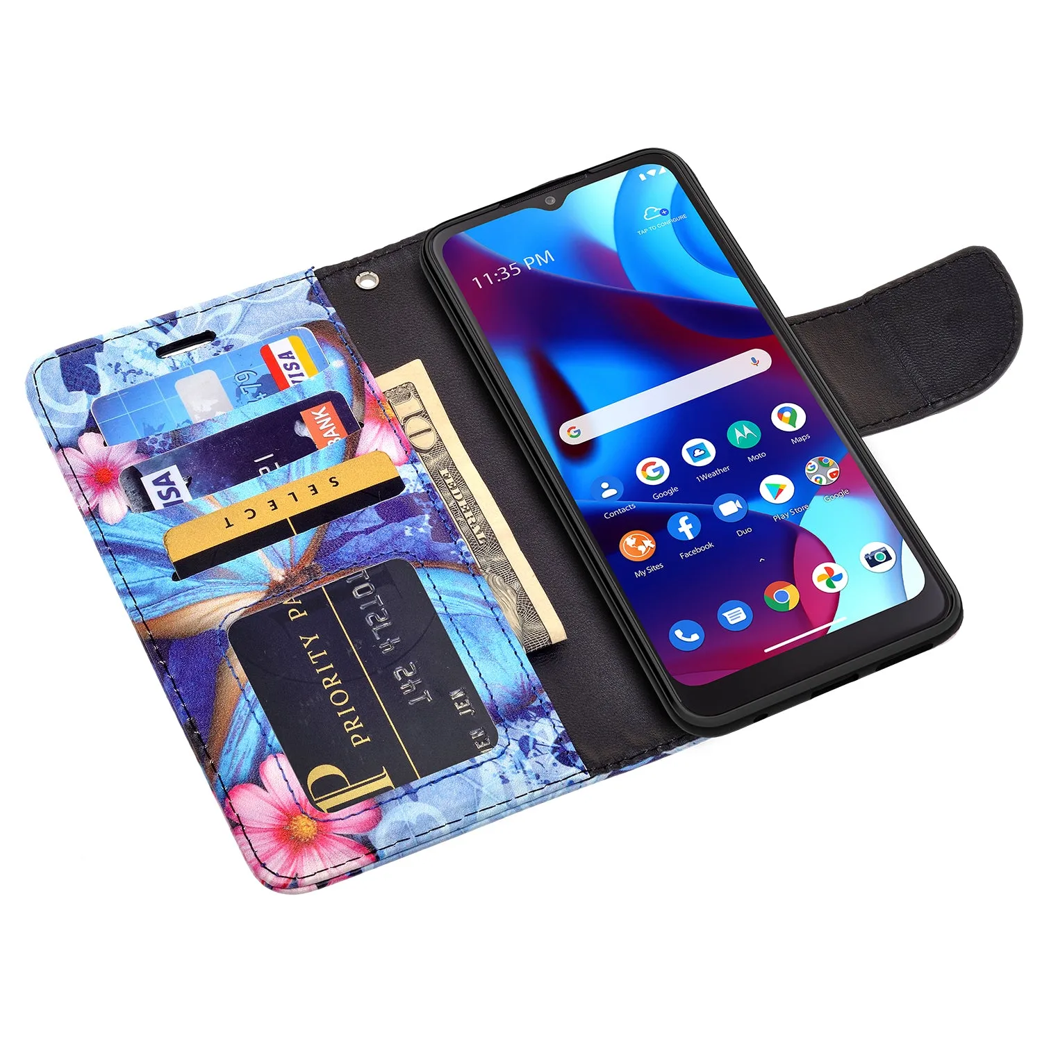 Motorola moto g Pure Case, moto g Pure Wallet Case, Wrist Strap Pu Leather Wallet Case [Kickstand] with ID & Credit Card Slots - Blue Butterfly