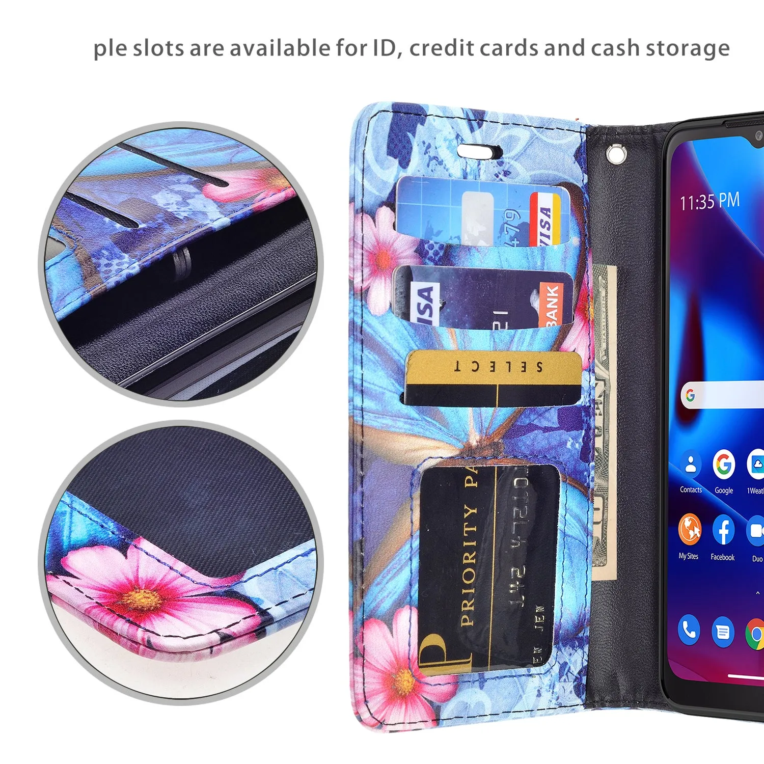 Motorola moto g Pure Case, moto g Pure Wallet Case, Wrist Strap Pu Leather Wallet Case [Kickstand] with ID & Credit Card Slots - Blue Butterfly