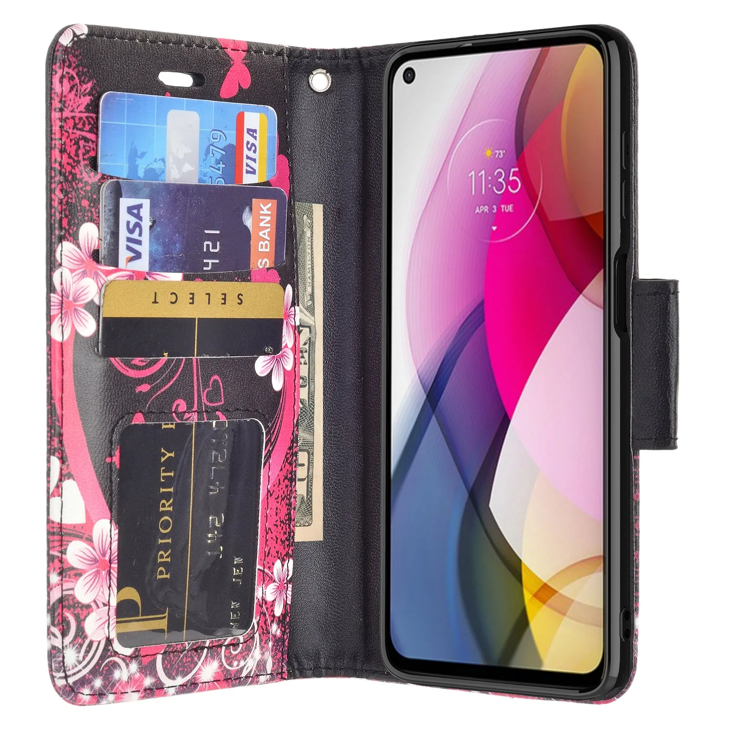 Motorola moto g stylus 2021 Case, moto g stylus 2021 Wallet Case, Wrist Strap Pu Leather Wallet Case [Kickstand] with ID & Credit Card Slots - Heart Butterflies