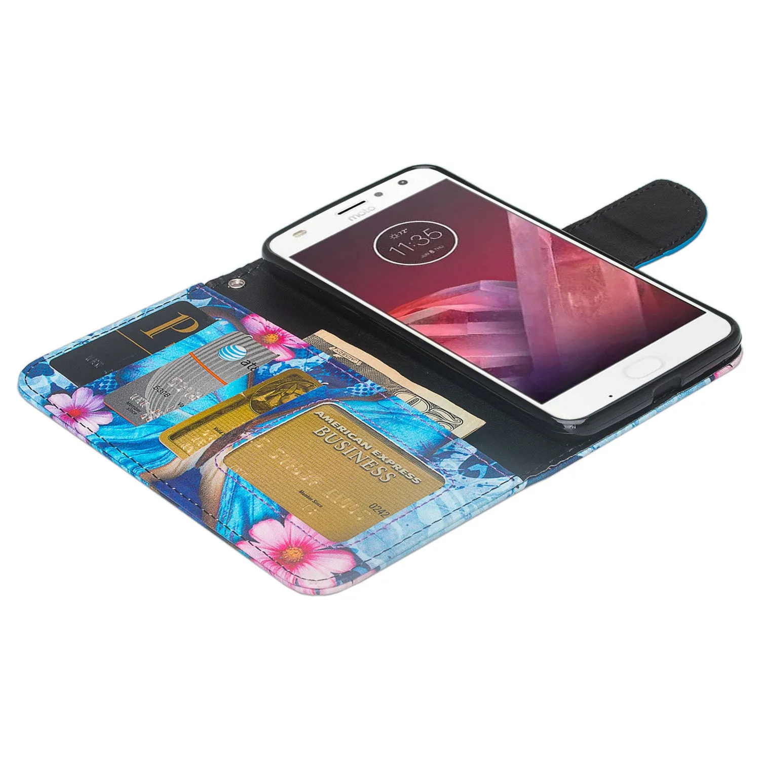 Motorola Moto Z2 Force Case, Moto Z2 Force Wallet Case, Slim Flip Folio [Kickstand] Pu Leather Wallet Case with ID & Card Slots & Pocket   Wrist Strap - Blue Butterfly