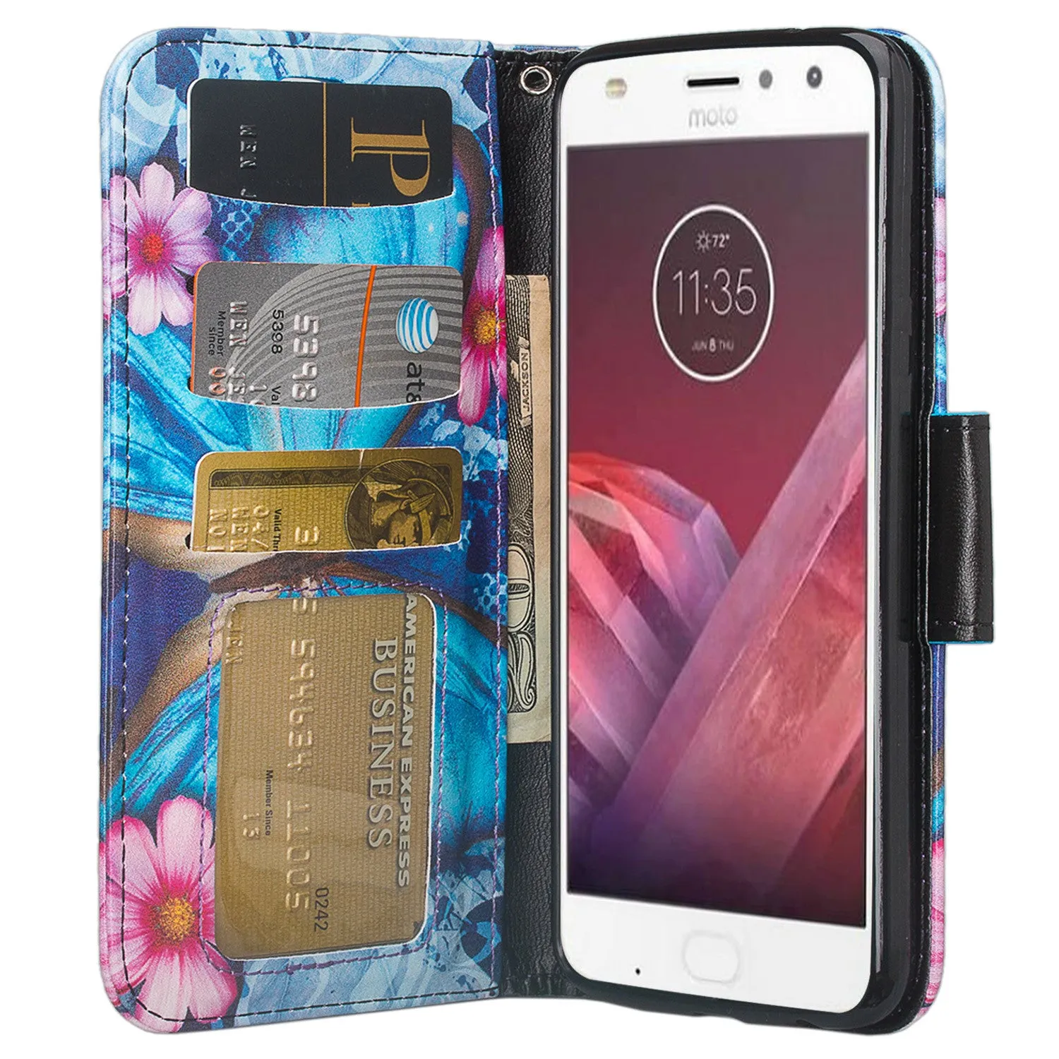 Motorola Moto Z2 Play Case, Moto Z2 Play Wallet Case, Slim Flip Folio [Kickstand] Pu Leather Wallet Case with ID & Card Slots & Pocket   Wrist Strap - Blue Butterfly