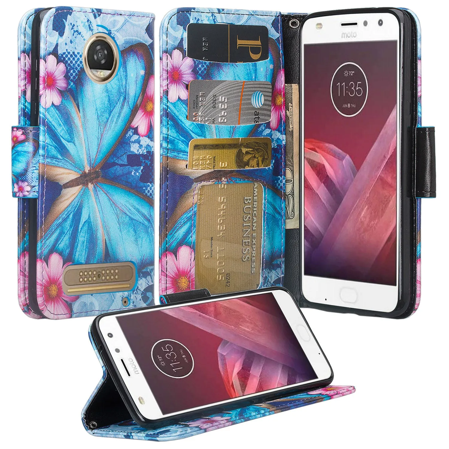 Motorola Moto Z2 Play Case, Moto Z2 Play Wallet Case, Slim Flip Folio [Kickstand] Pu Leather Wallet Case with ID & Card Slots & Pocket   Wrist Strap - Blue Butterfly