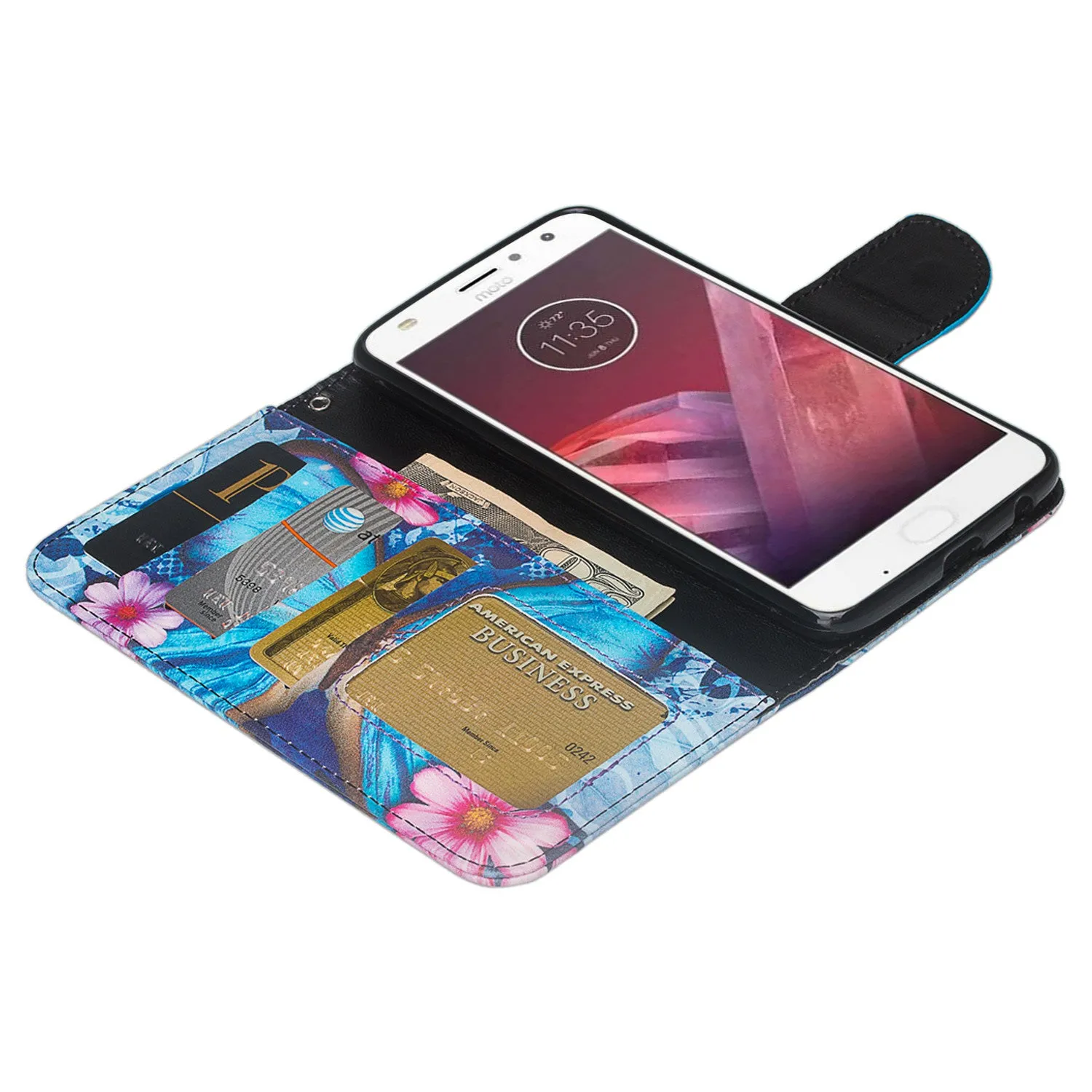 Motorola Moto Z2 Play Case, Moto Z2 Play Wallet Case, Slim Flip Folio [Kickstand] Pu Leather Wallet Case with ID & Card Slots & Pocket   Wrist Strap - Blue Butterfly