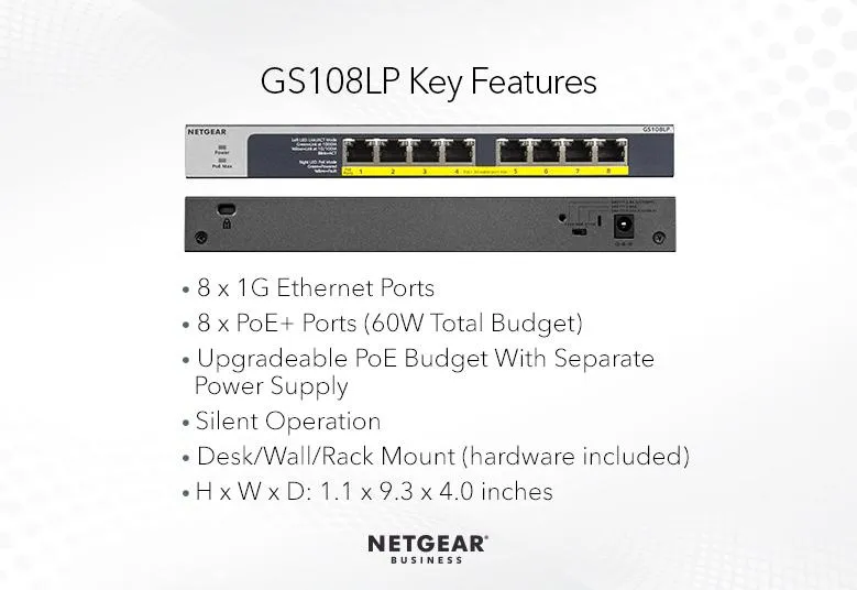 Netgear 8-port Gigabit Ethernet Unmanaged FlexPoE PoE  Switch with 8 PoE  Ports (60W)