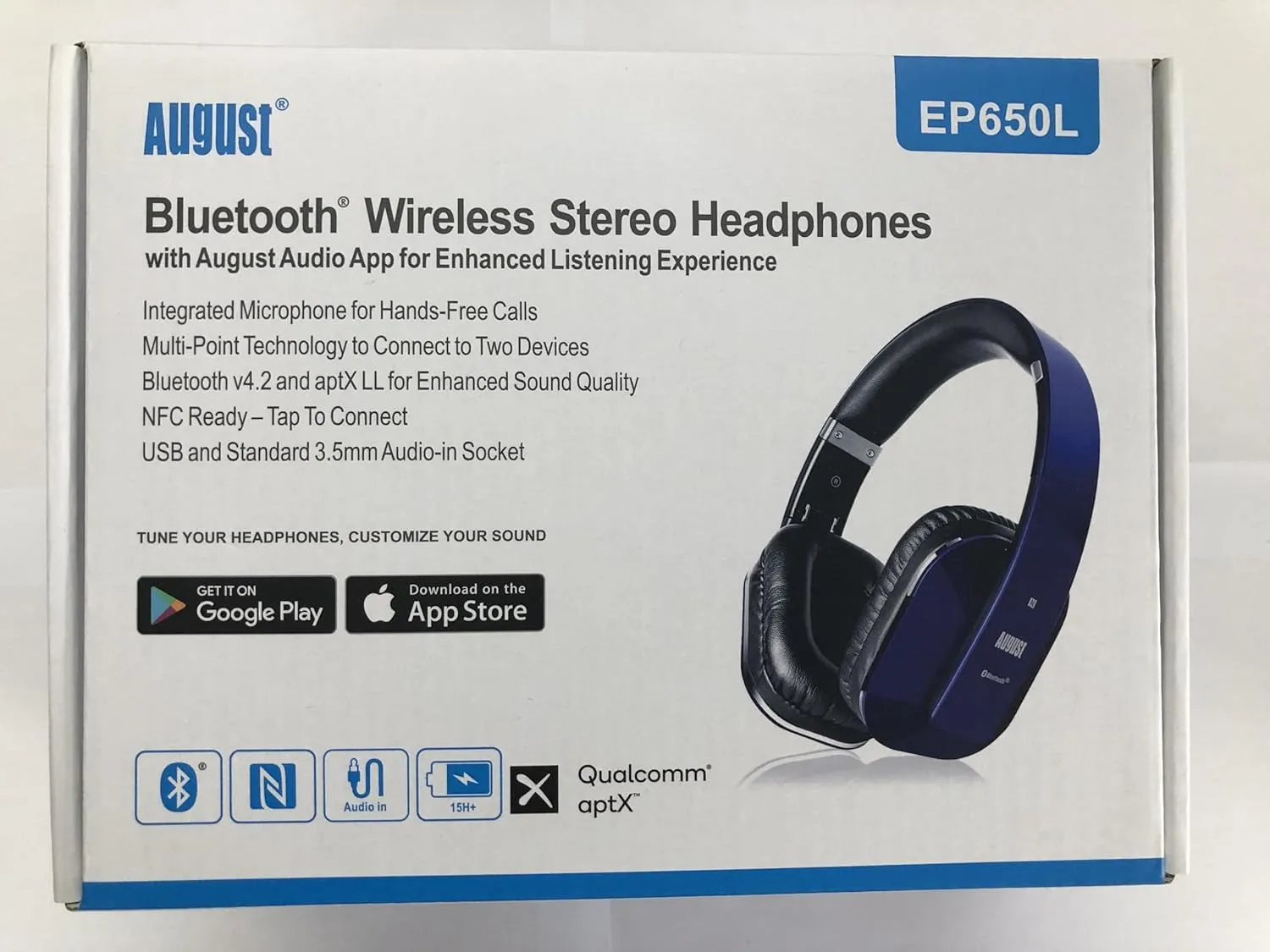 Over Ear Wireless Bluetooth Headphones with Mic -  EP650 - Custom App for Easy EQ Sound Control, aptX Low Latency, NFC, Rich Bass Clear Sound, 30 days Stand By High-Performance Comfort [Blue]