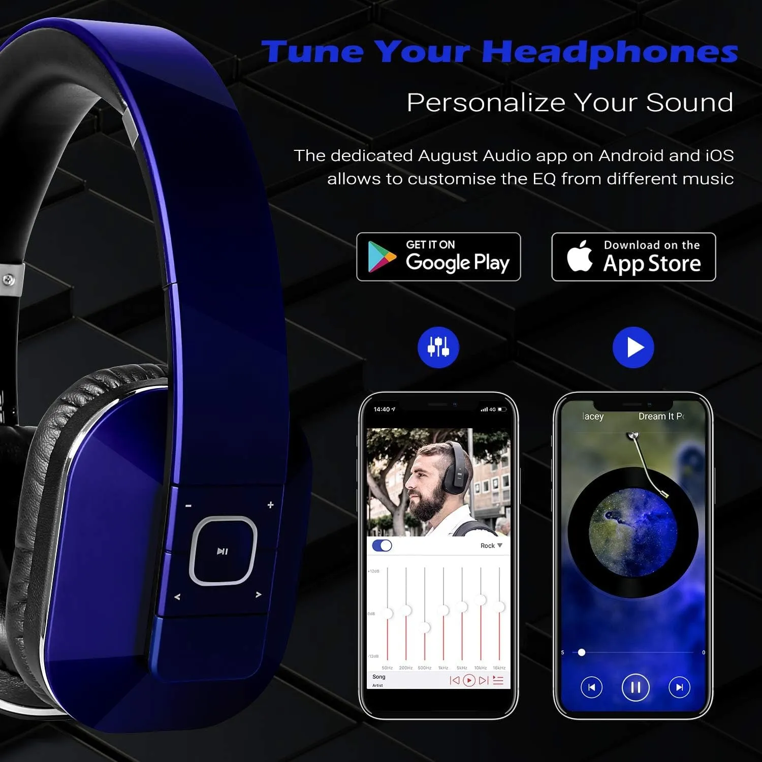 Over Ear Wireless Bluetooth Headphones with Mic -  EP650 - Custom App for Easy EQ Sound Control, aptX Low Latency, NFC, Rich Bass Clear Sound, 30 days Stand By High-Performance Comfort [Blue]