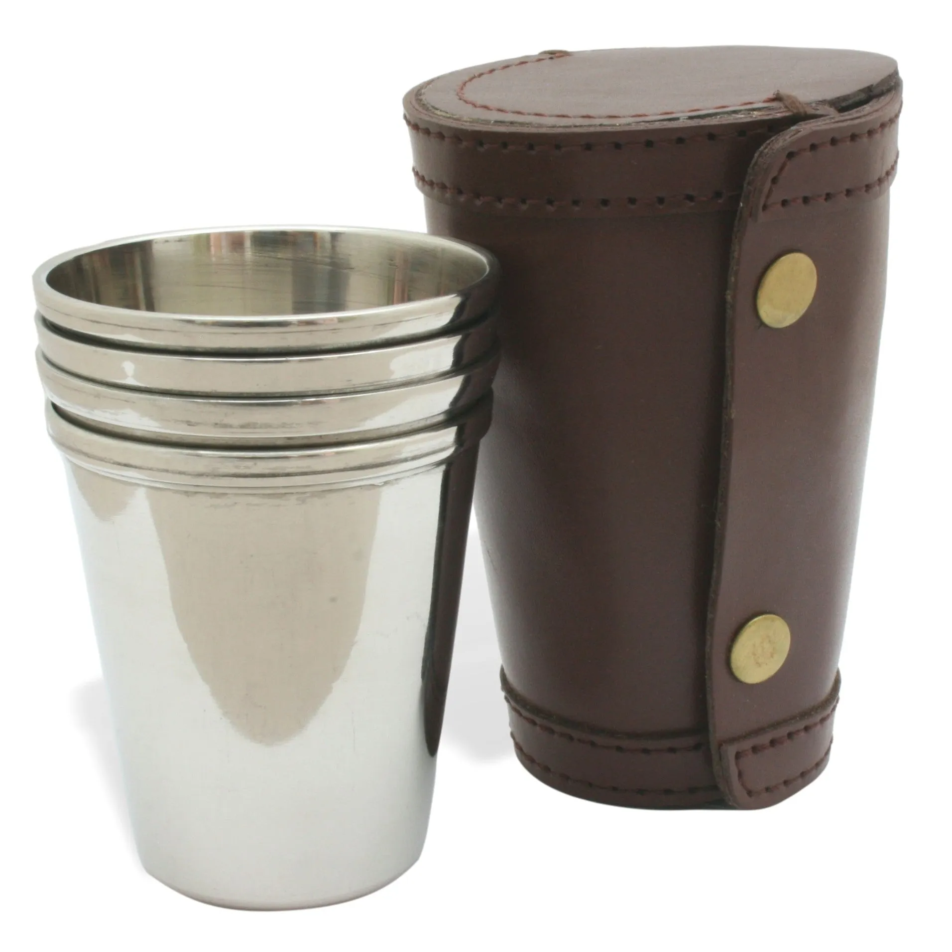 Personalised 4oz Stacking Steel Stirrup Cups In Leather Case (4 or 1-10 cups)