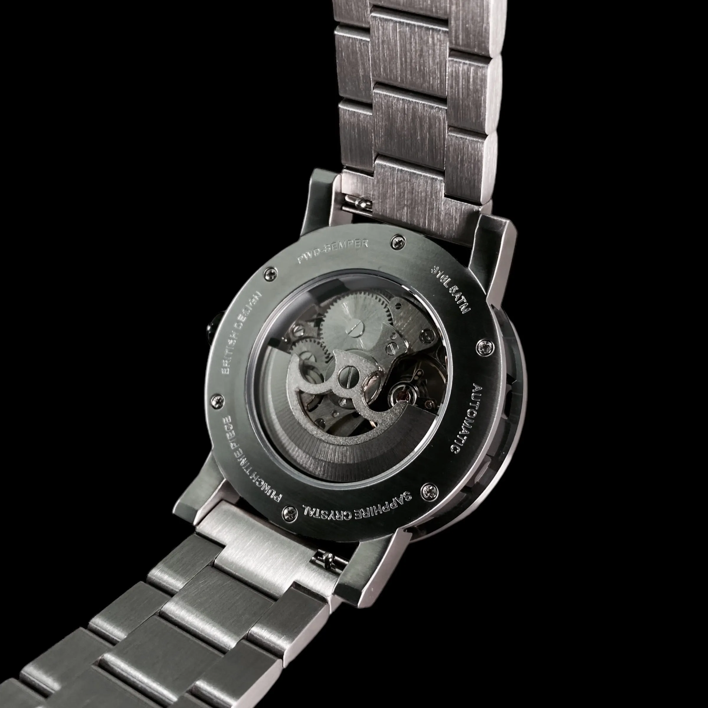 PUNCH Mens Watch, Black & Silver Skeleton Automatic Watch - Silver Metal Strap