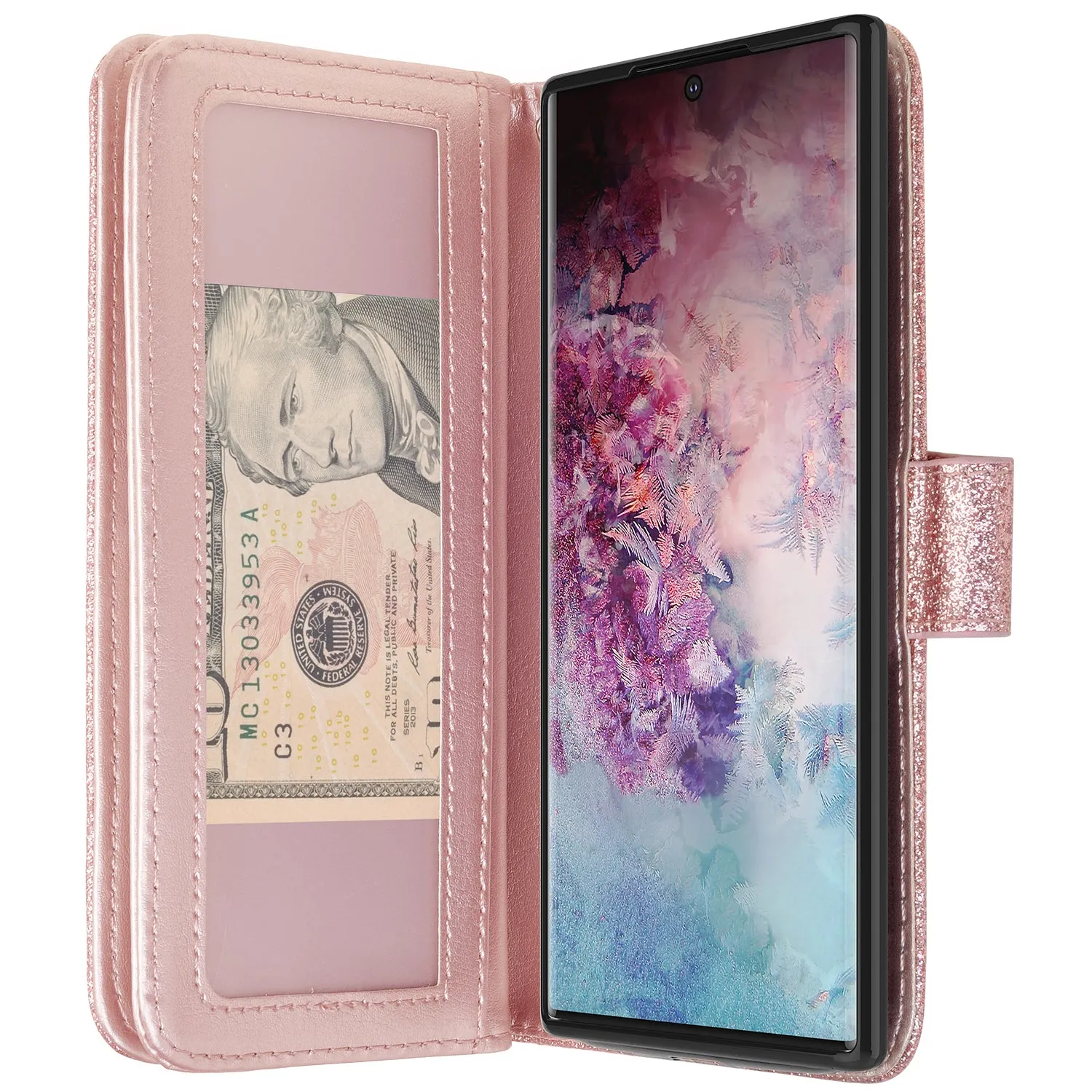 Samsung Galaxy A32 5G Case, Galaxy A32 5G Case, Glitter Faux Leather Flip Credit Card Holder Wrist Strap Shockproof Protective Wallet Case Clutch for Galaxy A32 5G - Rose Gold