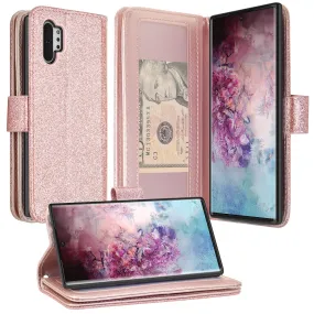 Samsung Galaxy A32 5G Case, Galaxy A32 5G Case, Glitter Faux Leather Flip Credit Card Holder Wrist Strap Shockproof Protective Wallet Case Clutch for Galaxy A32 5G - Rose Gold