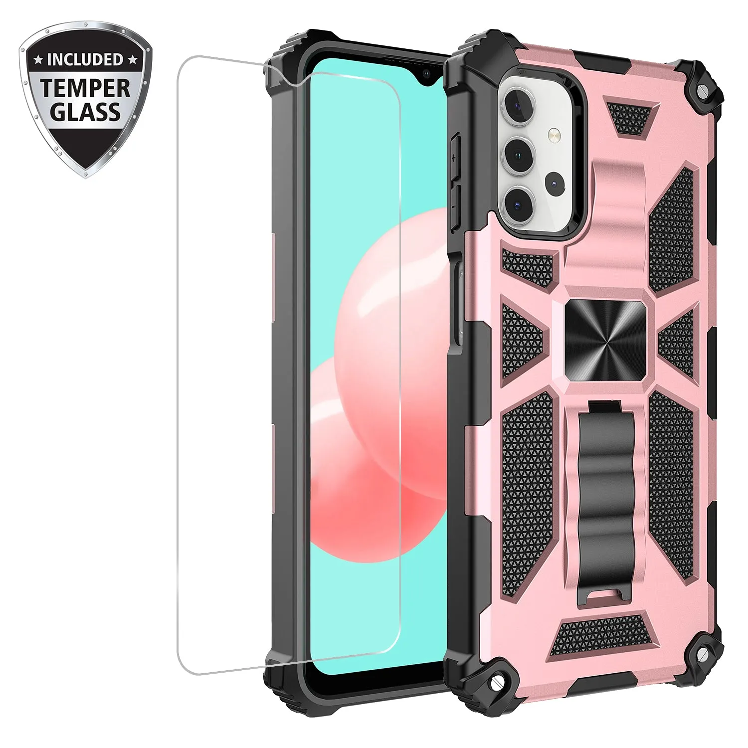 Samsung Galaxy A32 5G Case [Military Grade] Ring Car Mount Kickstand Hybrid Hard PC Soft TPU Shockproof Protective Case - Rose Gold